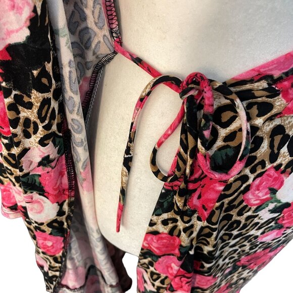 Brigette Brianna Floral Animal Print Robe Women L? Ruffle Sleeve Hem USA - Picture 6 of 8
